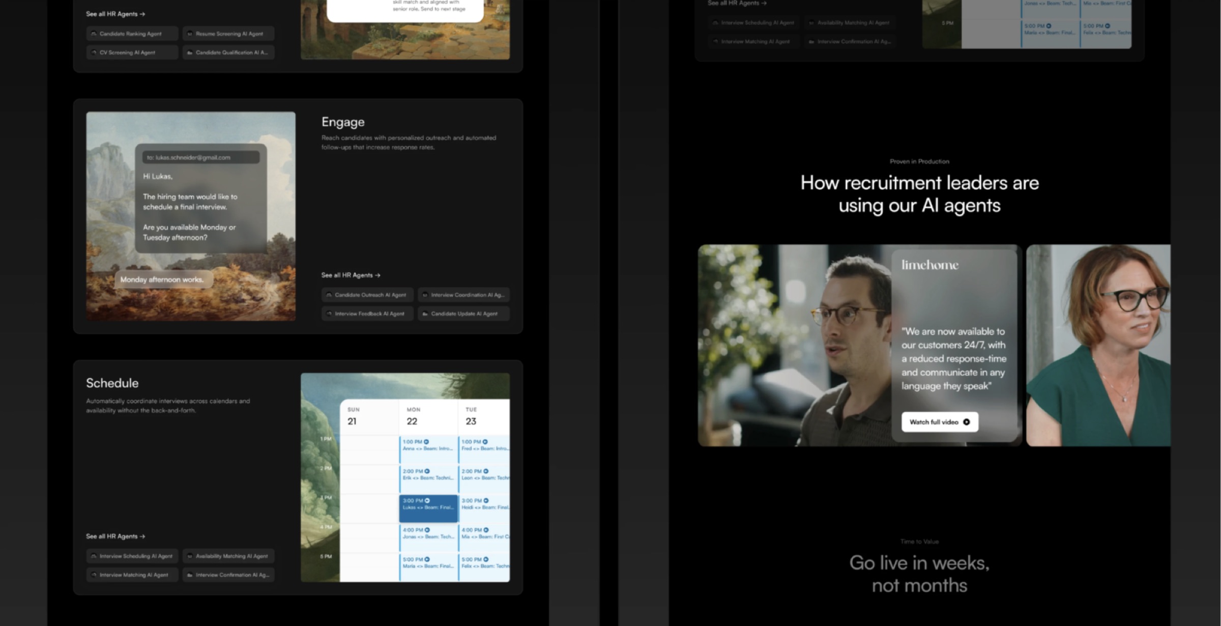 Beam AI website agent workflow and customer sections