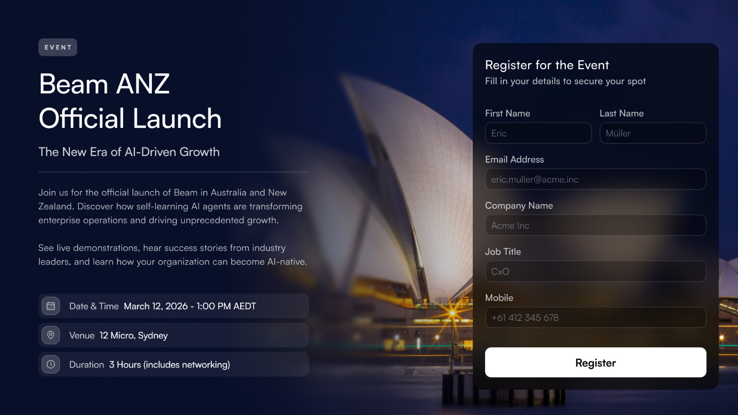 Beam ANZ launch event registration page