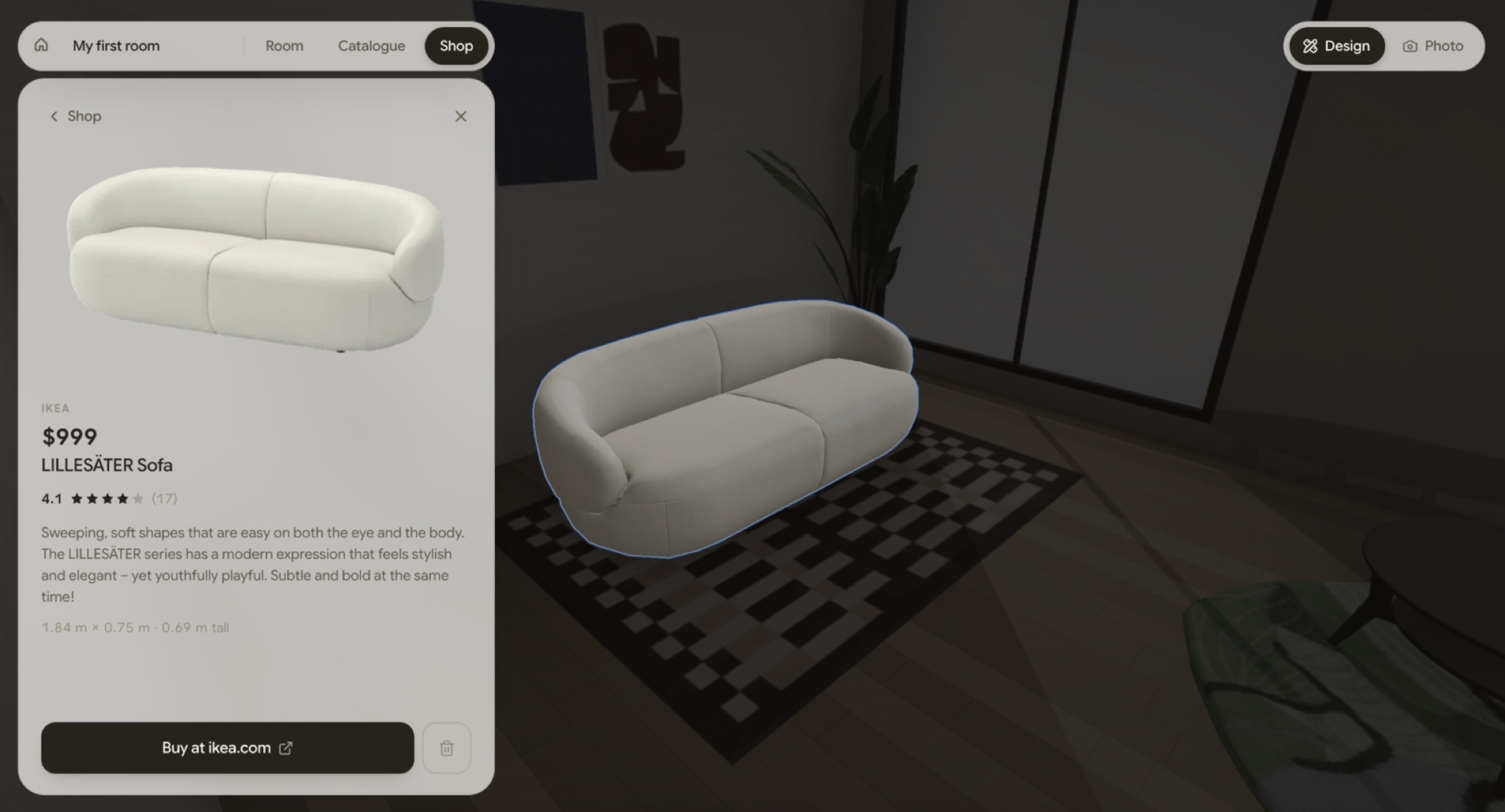 Furnished product panel with a link to buy at ikea.com