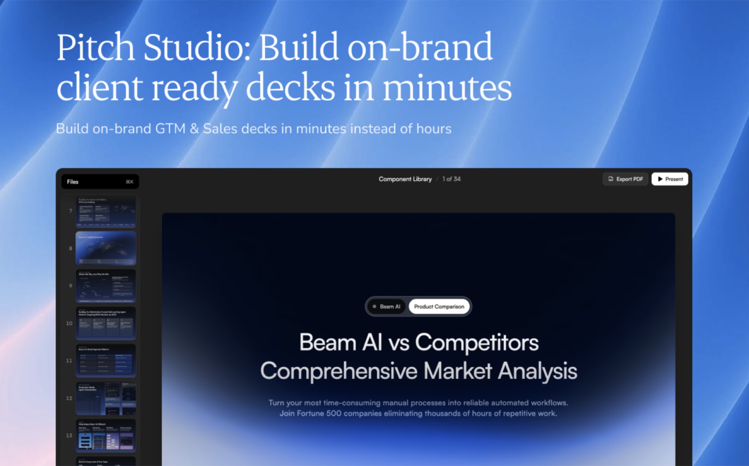 Pitch Studio editor showing a Beam AI deck